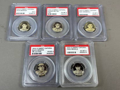 Lot 5 1910-1912 Sweet Caporal Pinbacks PSA 6 Wiltse, Crandall & Merkle - 5 Warhop - 4 Herzog: Great orginal lot of 5 1910-1912 PSA graded Sweet Caporal Pinbacks. See all photos. Great original assorted lot with Jack Warhop Graded EX 5, Hooks Wiltse EX-MT 6, Doc Crandall EX-MT, Buck Herzog Smal
