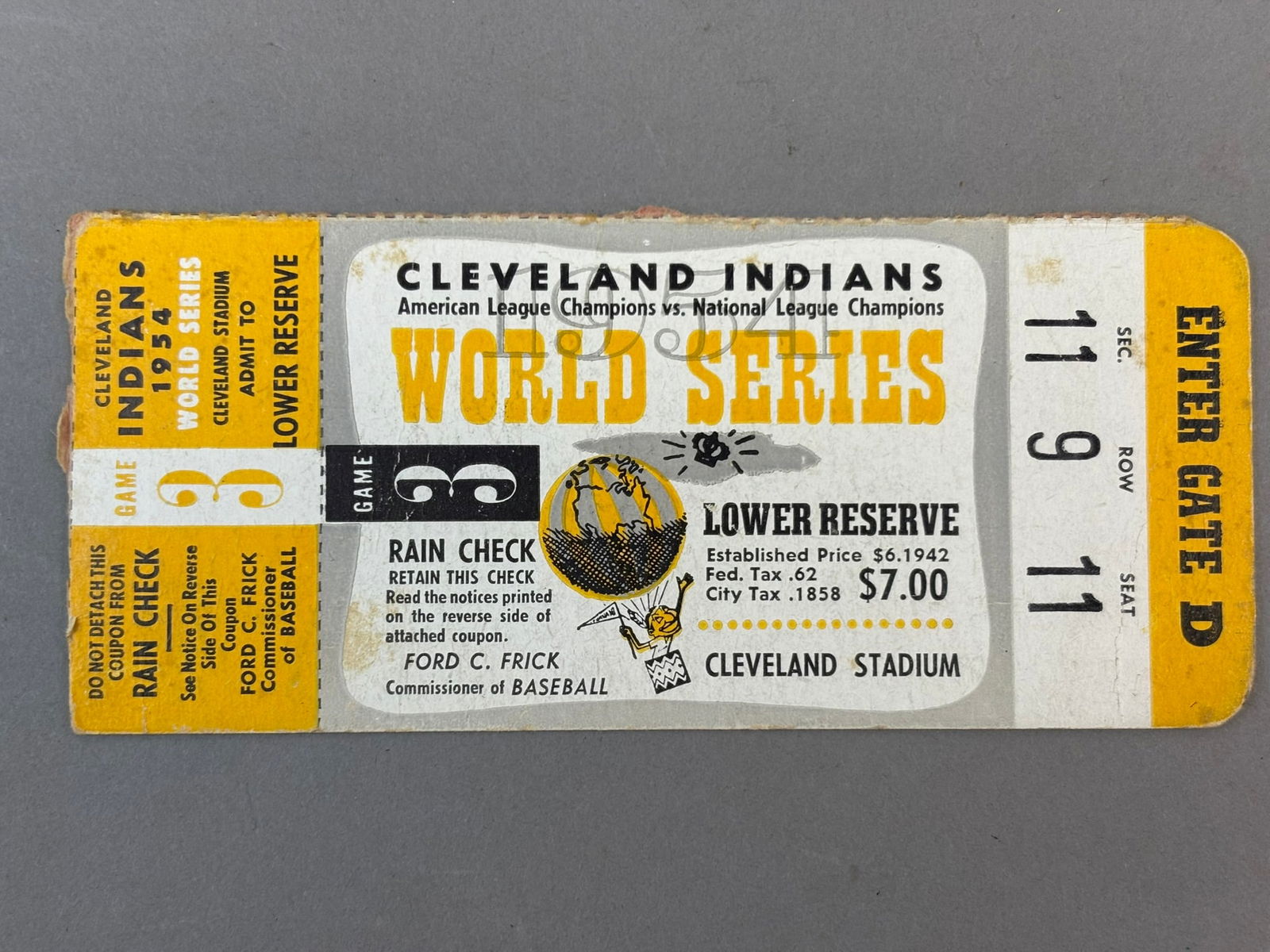 1954 World Series Game 3 Cleveland Indians Ticket Stub Sec 11 Row 9 Seat 11 (1 of 10)