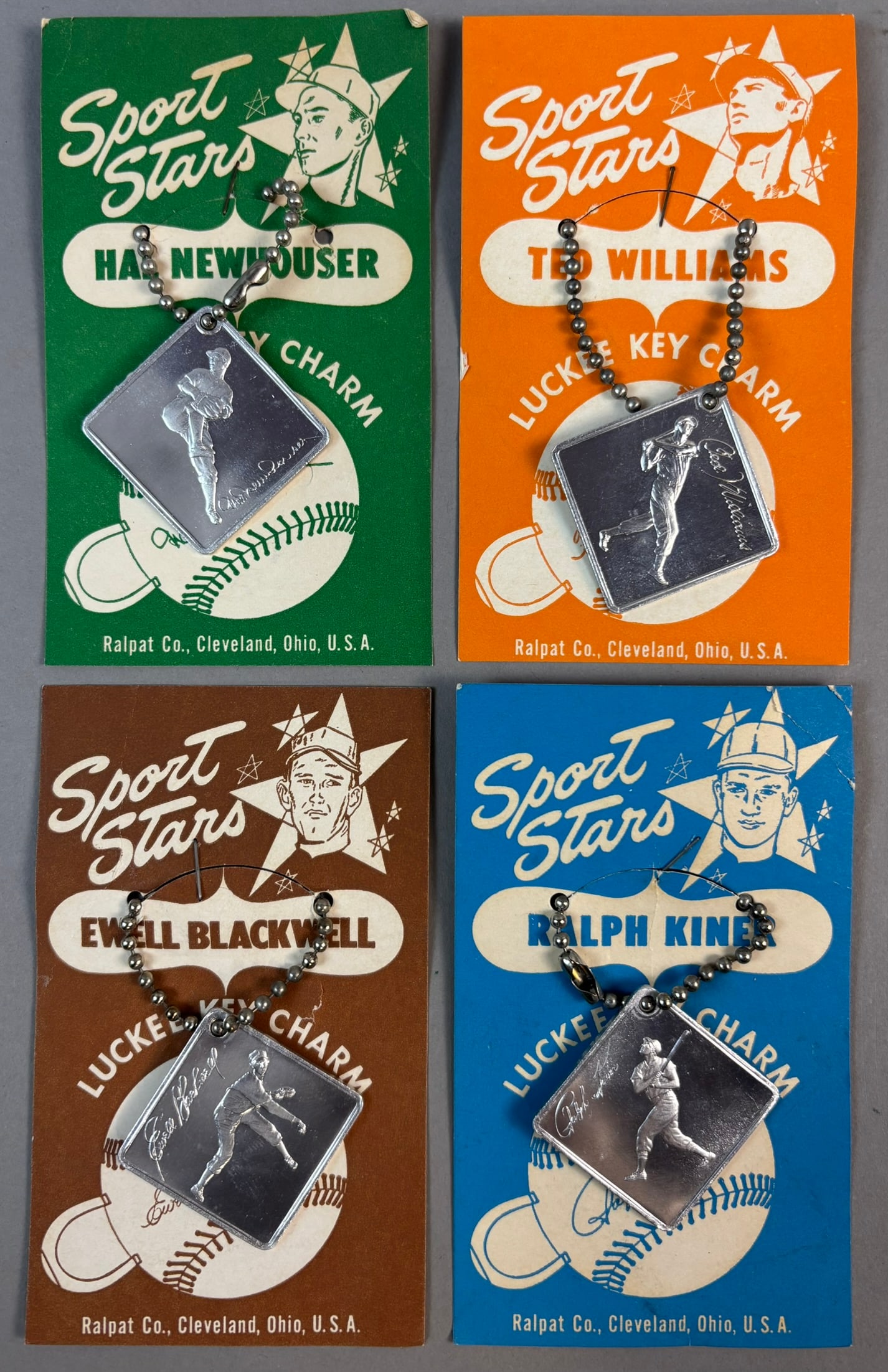 Lot 4 NOS Sport Stars Luckee Key Charm by Ralpat Ted Williams, Newhouser, Blackwell & Kiner: Great original lot of four new old stock key chain charms by Ralpat Co Cleveland Ohio. All are new old stock and in excellent condition.