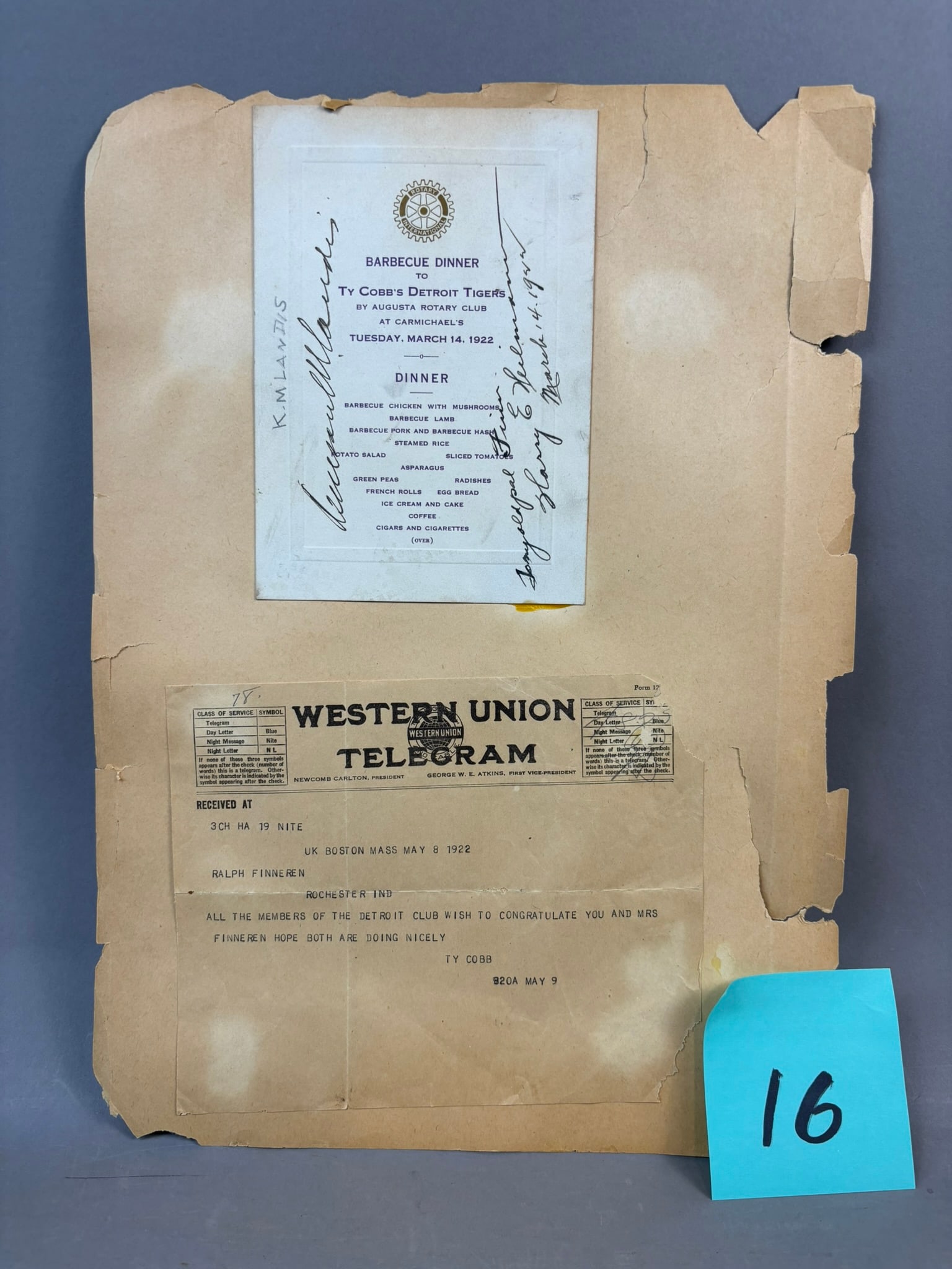 Lot 3 Original Ty Cobb 1922 Rotary Club Barbecue Dinner Invitation Signed by Kenesaw M Landis & (1 of 20)