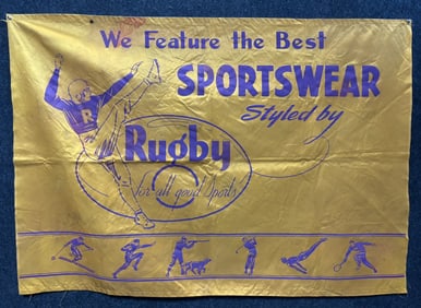 1950s Rugby Brand Silk Sportswear 5'x28" Store Advertising Banner