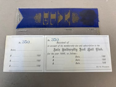 1880 Yale University Football Club Ribbon & Membership No 350 Receipt