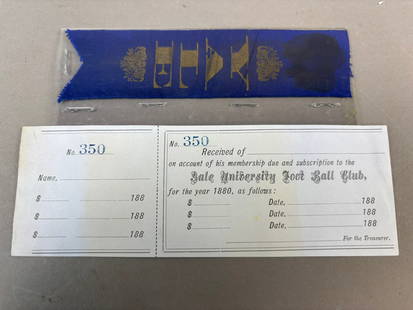 1880 Yale University Football Club Ribbon & Membership No 350 Receipt: Great original 1880s unused Yale University Foot Ball Club (two words) receipt paper and original ribbon.