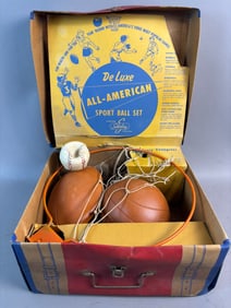 Deluxe All American Sport Ball Set by Seiberling w/ Original Box Football Basketball Baseball