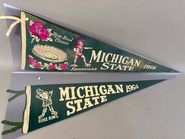 Pair 1956 Michigan State Spartans Rose Bowl Classic Football Felt Pennants
