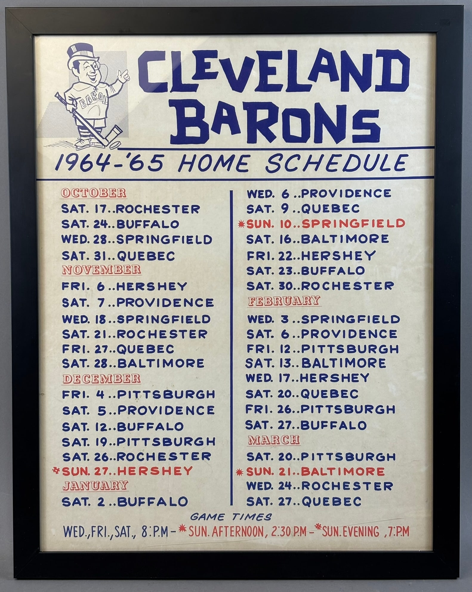 1964-65 Cleveland Barons Home Schedule Framed Advertising Sign: Measures 21.75" x 27.75"