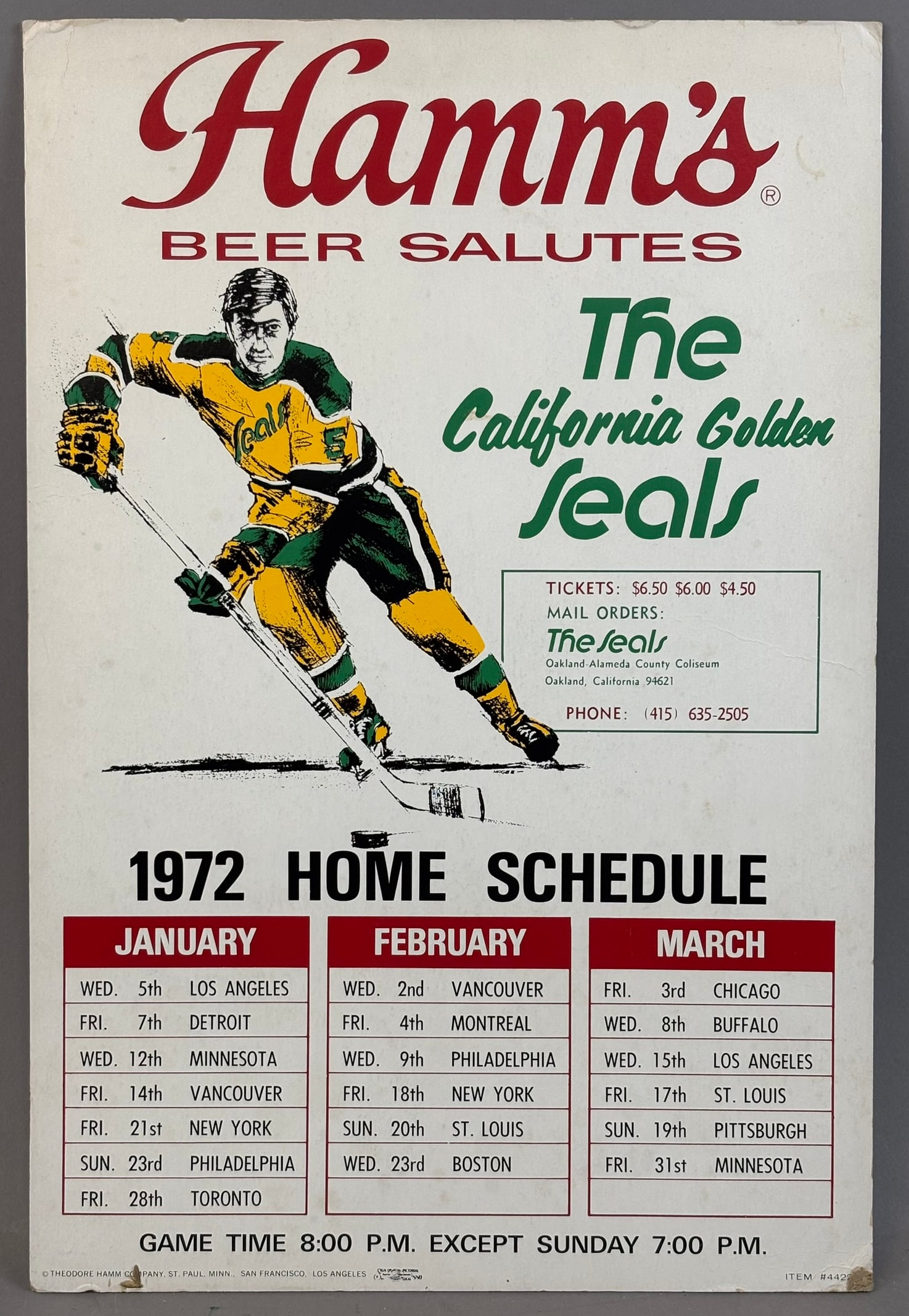 California Seals 1972 Hamms Beer Advertising Home Schedule (1 of 12)