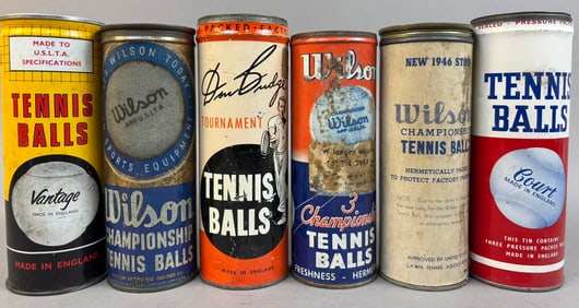 Lot 6 Original 30s 40s 50s Metal Tennis Ball Advertising Tubes w/ Balls Wilson Vantage Court & More