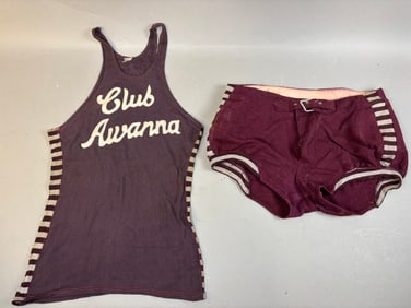 Club Awanna Original Game Used 1940s Wool Striped Basketball Jersey & Shorts