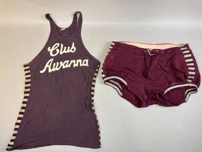Club Awanna Original Game Used 1940s Wool Striped Basketball Jersey & Shorts: Great original pair of game used Club Awanna basketball jerseys & shorts. Great original striped jersey and matching pants. Obvious wear as shown.