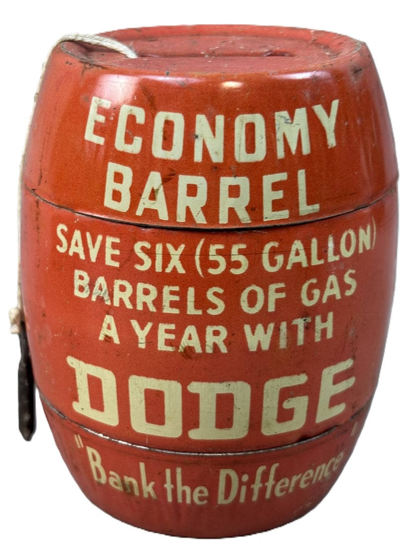 Dodge Economy Barrel 1940s Advertising Coin Bank w/ Key: Great early coin bank with minimal wear. 4" x 3"