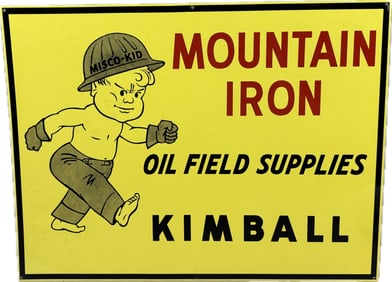 Mountain Iron Oil Field Supplies Kimball Kansas 1950s SST Tin Sign Misco Kid