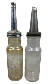 Pair Standard Oil & Polarine Glass Embossed Oil Bottles w/ Spouts