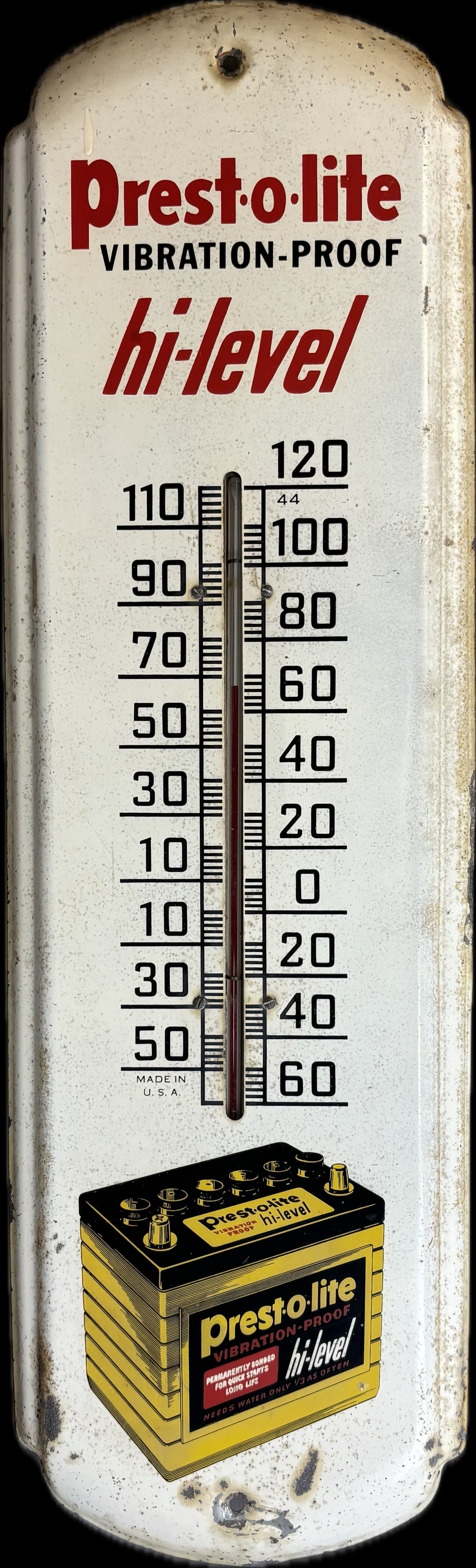 Prest-O-Lite Hi-Leveal Battery SST 1960s Advertising Thermometer: 27" x 8" - great old working thermometer!