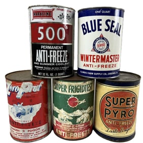 Lot 5 Anti Freeze Quart Cans Markline 500 Blue Seal Zero Pruf Super Frigidtest & Super Pyro