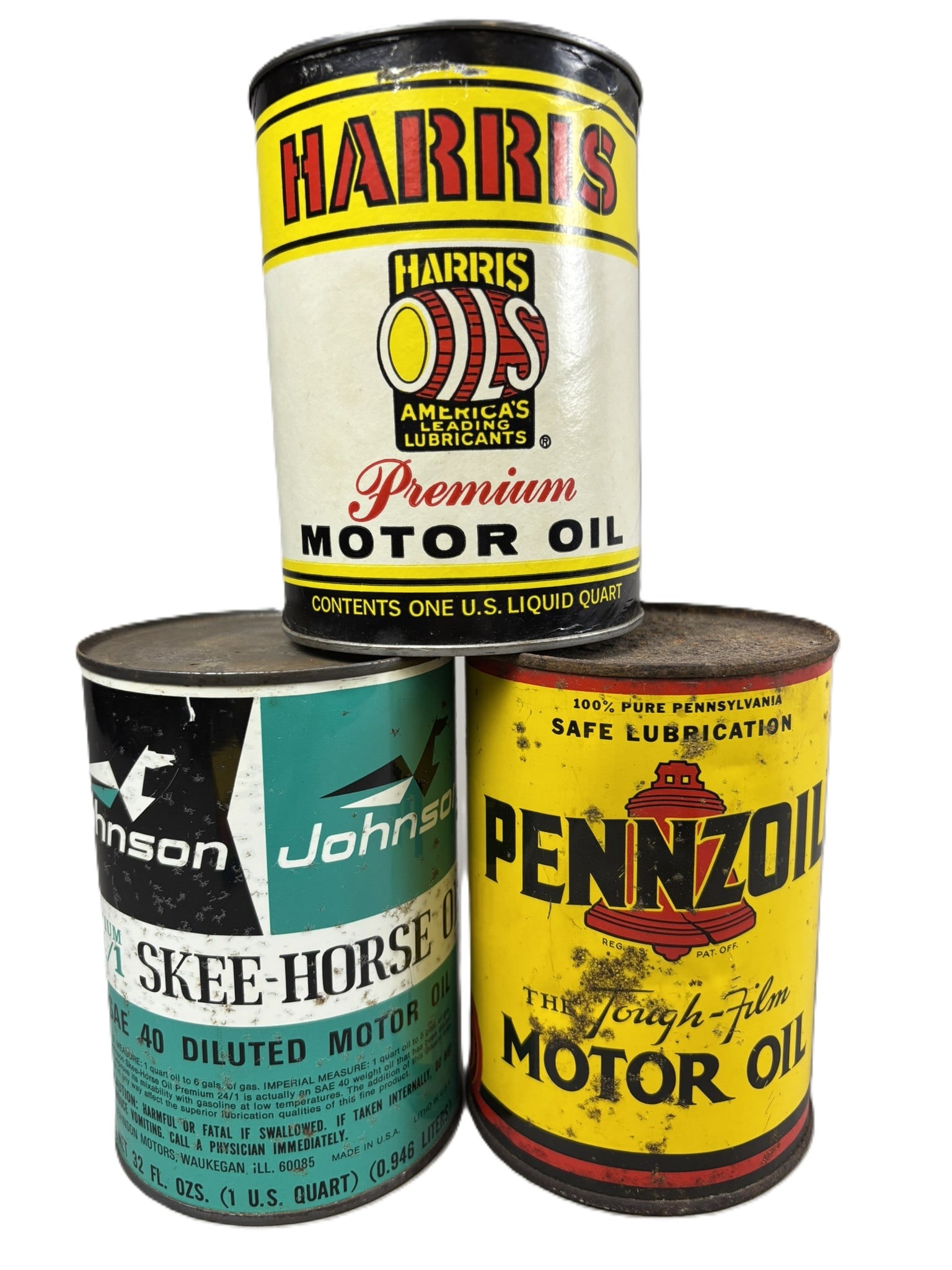 Lot 3 Pennzoil w/ Car Johnson & Harris Quart Cans: Harris is composite, Pennzoil & Johnson are metal.