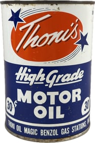 Thoni's High Grade Motor Oil Full Metal Quart w/ 30 Cent Pricer Benzol Gas Stations