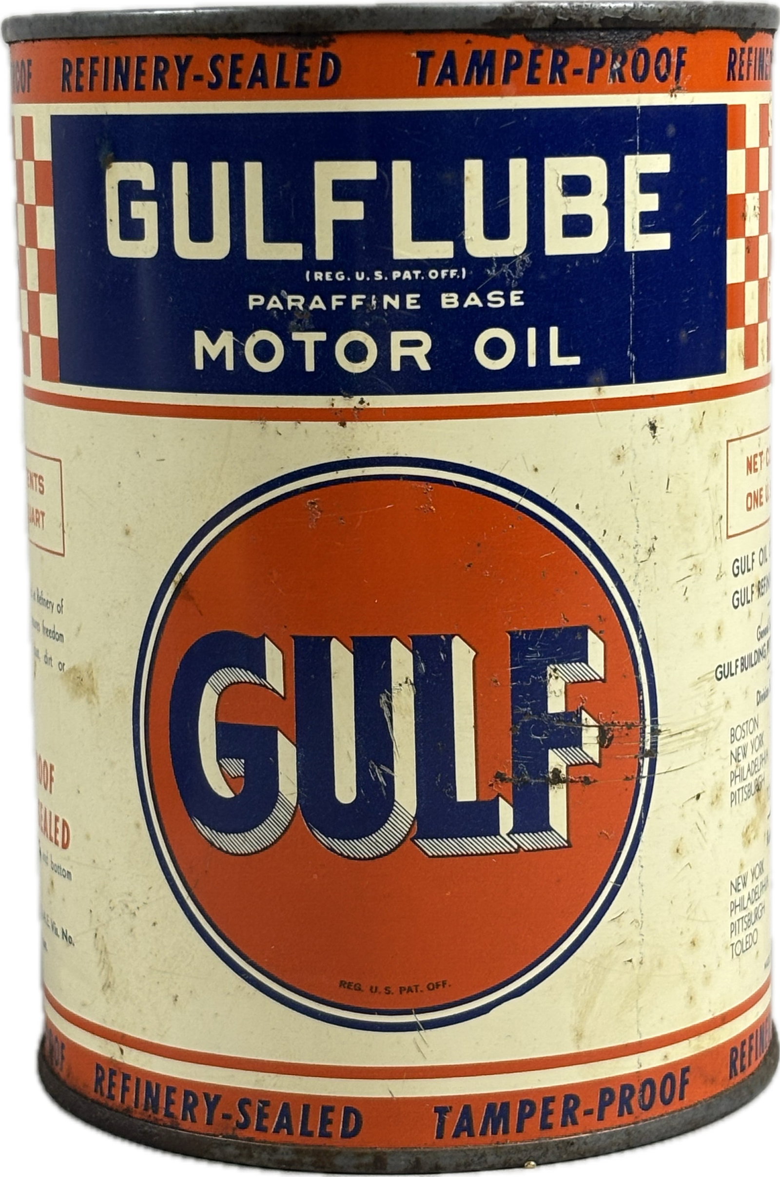 Gulf Checkered Gulflube Motor Oil Quart Can: Excellent original condition as shown - see all photos for wear - empty.