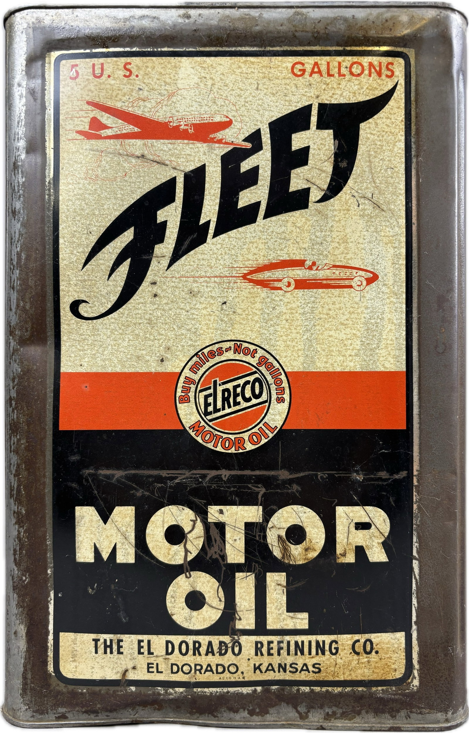 Fleet Airplane Racecar Elreco Motor Oil 5 Gallon Can El Dorado Kansas: Great original Fleet Motor Oil 5 gallon square can. Amazing graphics.