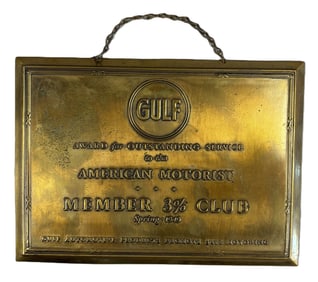 Gulf American Motorist Member 3% Club Spring 1949 Store Plaque Brass Sign