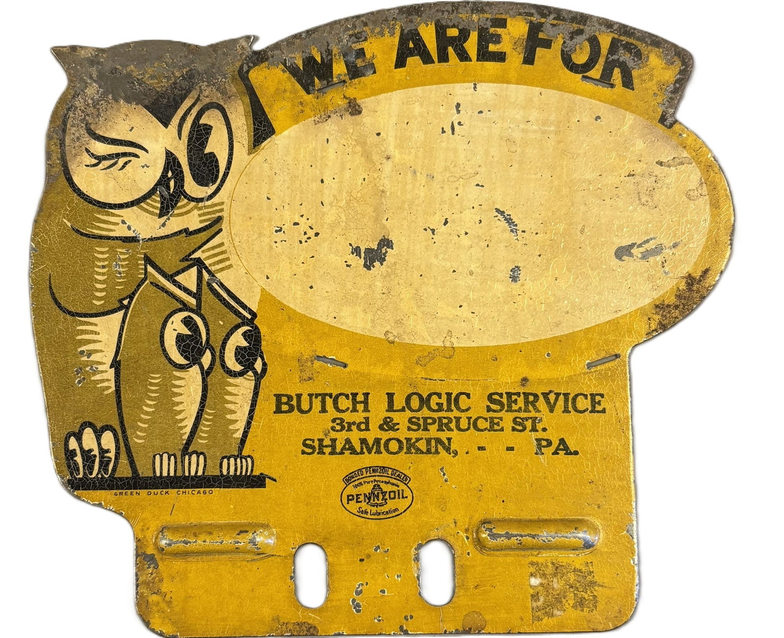 Pennzoil Wise Owl Butch Logic Service Shamokin PA License Plate Topper: 5.5" x 5"