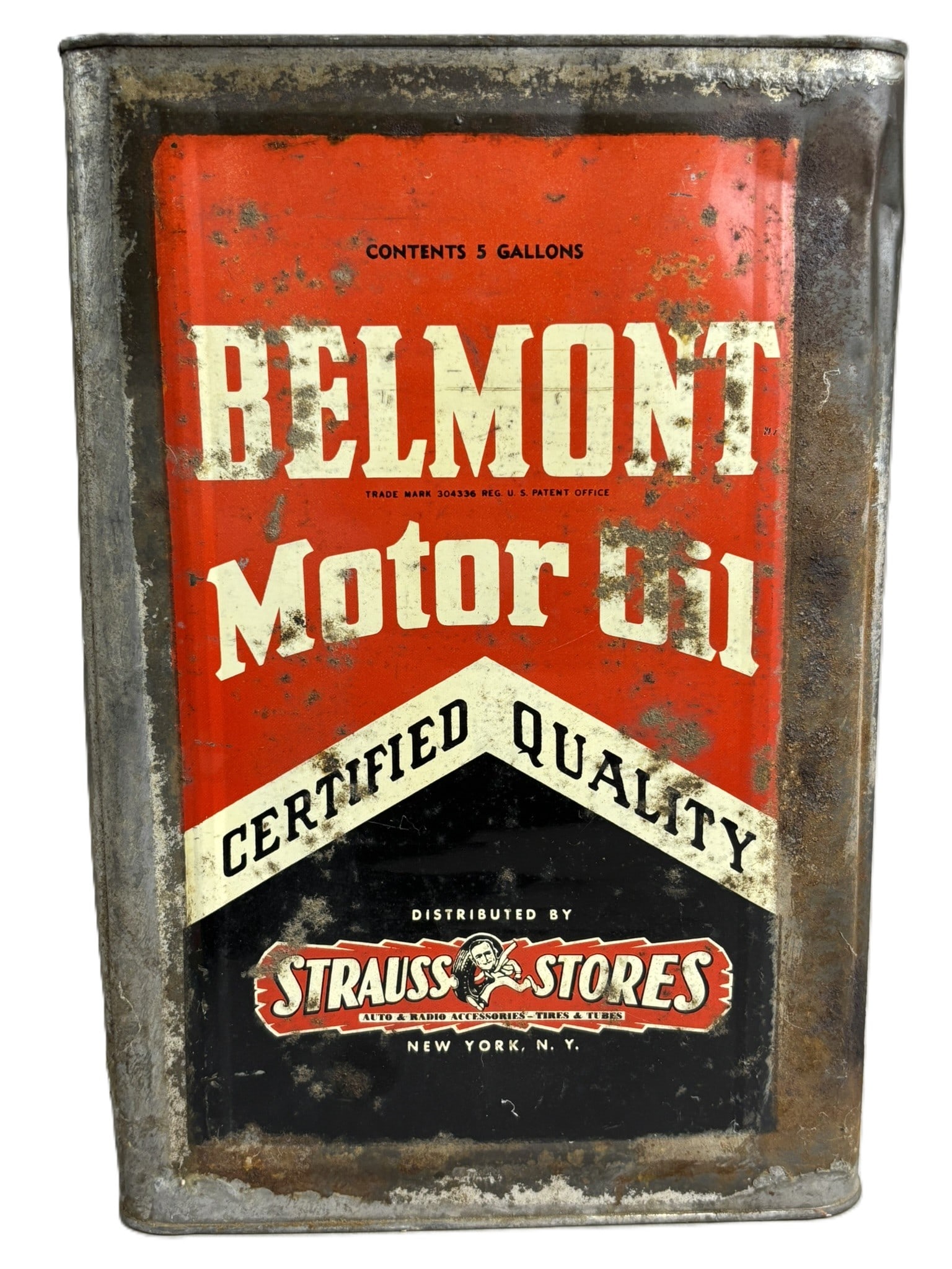 Belmont Strauss Stores New York NY 5 Gallon Square Motor Oil Can: Great original 5 gallon oil can - See all photos for a better idea on condition, wear, rust, etc.