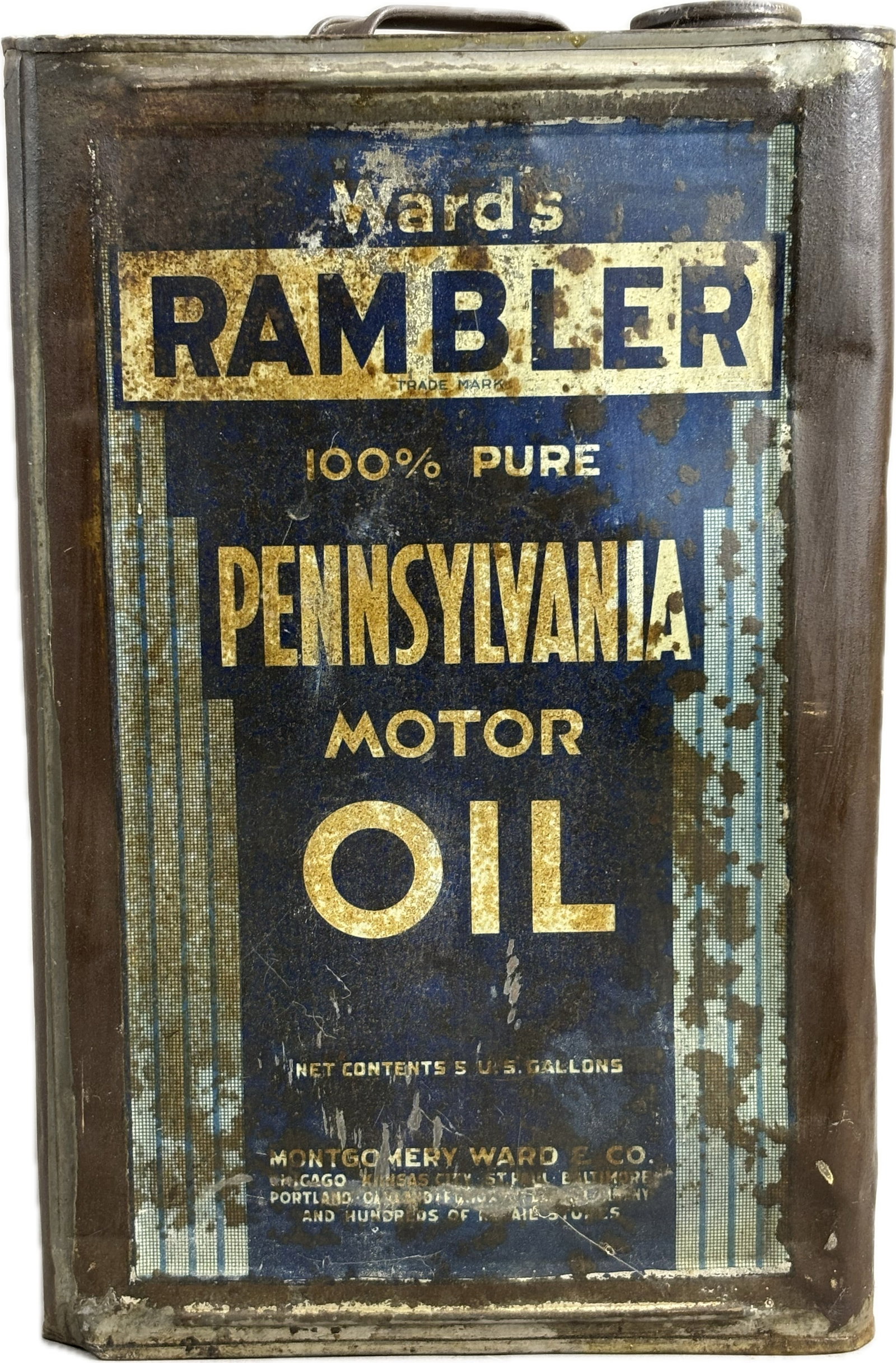 Ward's Rambler 100% Pure Pennsylvania Square 5 Gallon Motor Oil Can: Great original 5 gallon oil can - See all photos for a better idea on condition, wear, rust, etc.