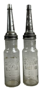 Pair Socony Motor Oil Glass Embossed Quart Oil Bottles w/ Mobil BB Spouts