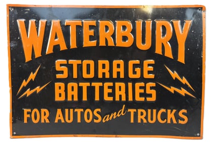 Waterbury Storage Batteries Autos & Trucks SST Embossed Sign