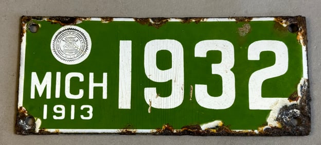 Rare Antique 1913 Michigan Motorcycle Porcelain License Plate