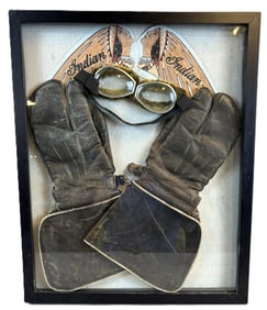 Antique Framed 1940s Motorcycle Goggles, Gloves & Indian Advertising