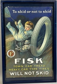 Fisk Will Not Skid Original Cardboard Advertising Sign w/ Boy & Dog