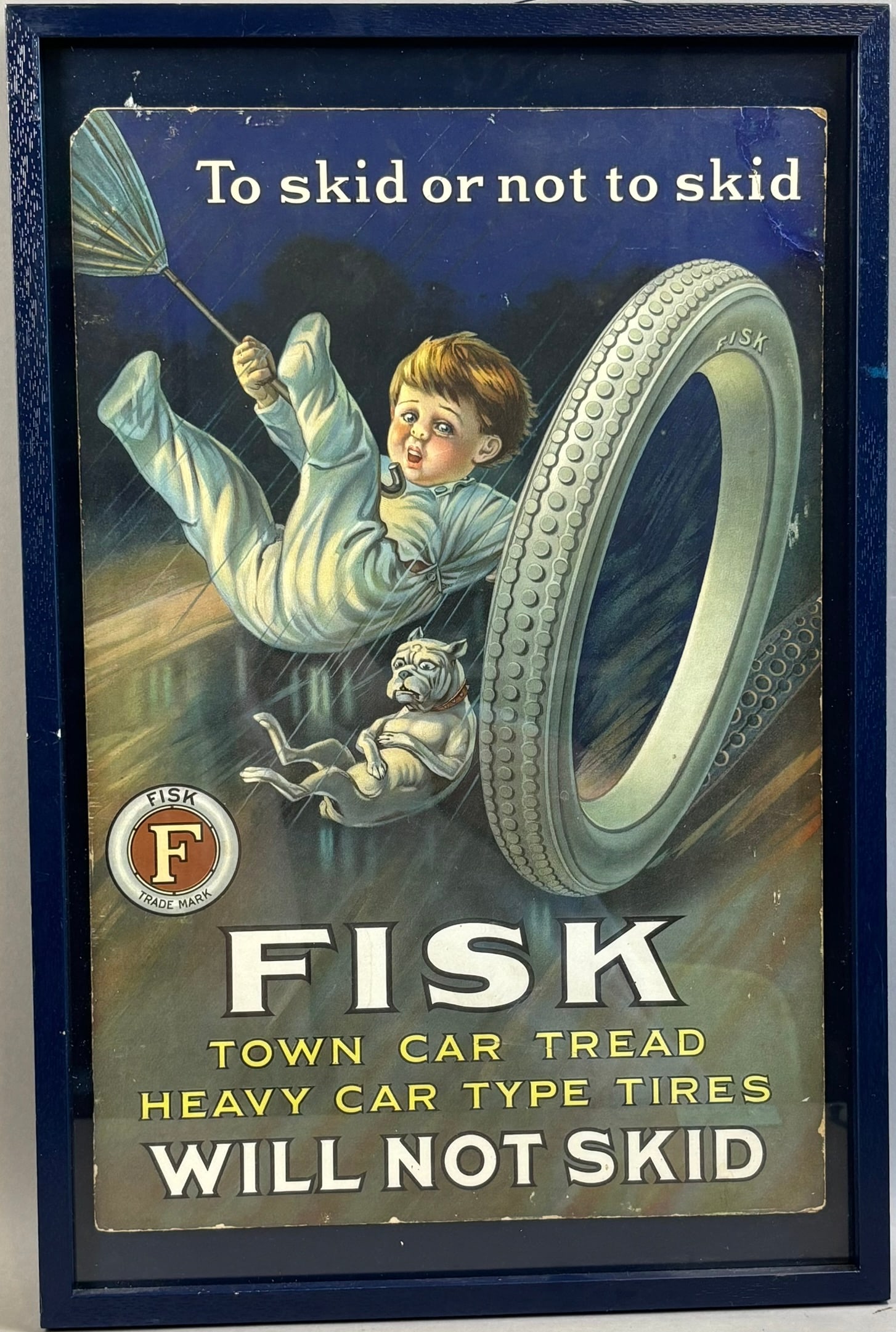 Fisk Will Not Skid Original Cardboard Advertising Sign w/ Boy & Dog (1 of 16)