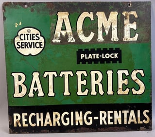 Cities Service ACME Batteries Recharging Rentals DST Metal Advertising Sign