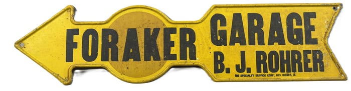 Foraker Garage B.J. Rohrer 1930s Arrow SST Advertising Sign