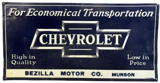 Chevrolet Tin Embossed Advertising Sign Bezilla Motor Co Munson