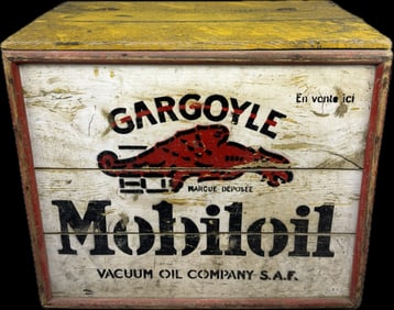 Mobiloil Gargoyle Original Glass Bottle Wooden French Shipping Crate