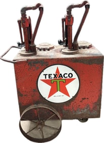 Original Texaco Double Lubester Rolling Steel Wheel Oil Pump w/ Signs