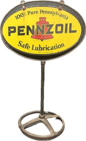 Pennzoil Curbside DST Painted Metal Advertising Sign w/ Stamped Base