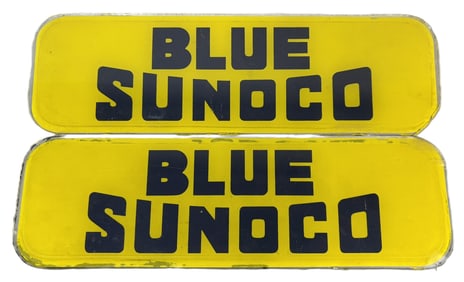 Pair Blue Sunoco 1950s Gas Pump Ad Glass Advertising Signs