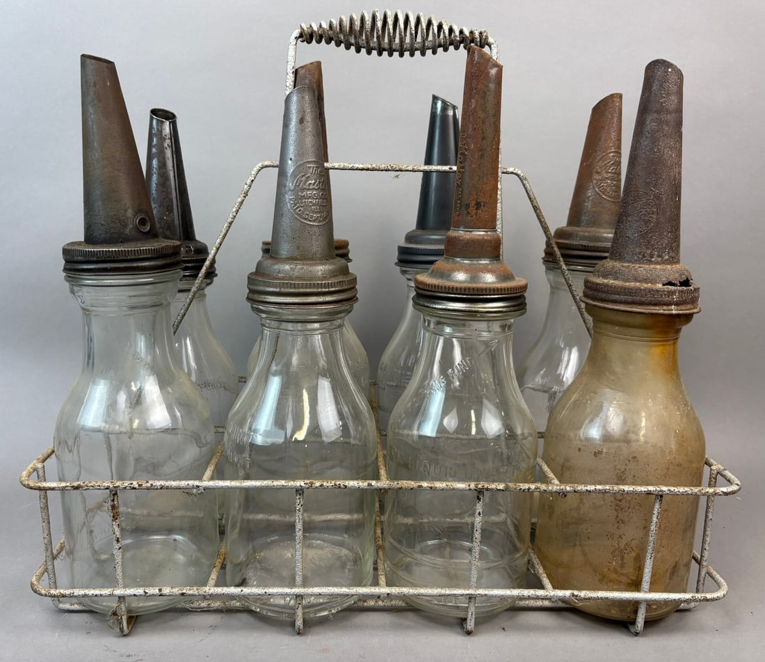 Lot 8 Original Quart Glass Oil Bottles w/ Carrier Masters & Mobiloil (1 of 19)