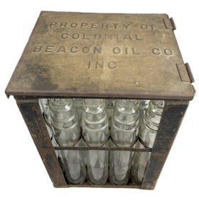 Beacon Oil 1920s Glass Oil Quart Bottle Metal Rack Full w/ 16 Bottles