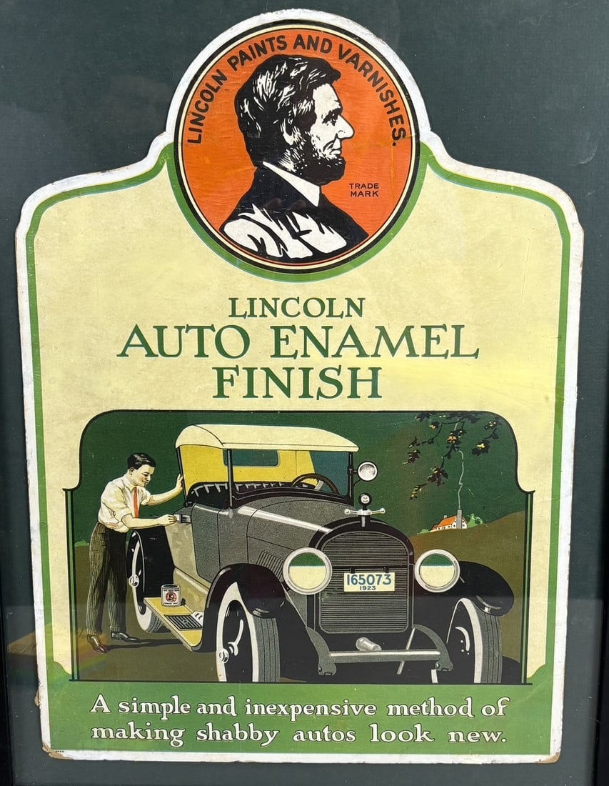 1923 Lincoln Paints & Varinishes Auto Enamel Finish Cardboard Sign: Frame measures 21.5" x 16.5" - sogn measures 13" x 18" - nice professional frame job.