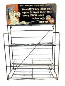 1940s AC Spark Plugs Hot Tip Store Advertising Wire Rack Display w/ Sign Topper