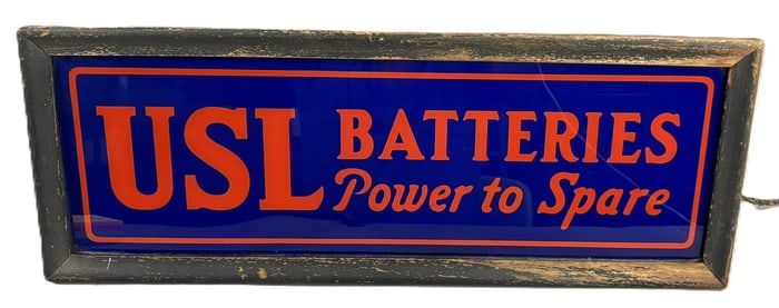 USL Batteries Power To Spare Reverse Painted Glass Lighted Advertising Sign