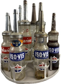 Iso-Vis & Polarine Lot 10 Original Quart Oil Bottles w/ Tiered Rack