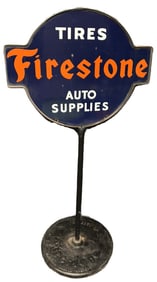 Firestone Tires Auto Supplies Curbside Lollipop DSP Porcelain Sign w/ Original Ring
