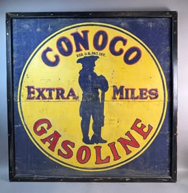 Conoco Extra Miles Gasoline SST Schmaltz Painted Circa 1909 Sign w/ Minuteman