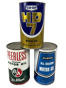 Lot 3 Metal Imperial Quart Motor Oil Cans Coop Peerless All State