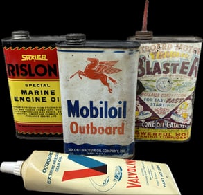 Lot 4 Marine Outboard Quart & Gear Oil Cans Mobiloil Blaster Shaler & Valvoline